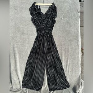 Max Studio Jumpsuit Size L Womens Black Polka Dot Smocked Waist V-Neck Wide Leg